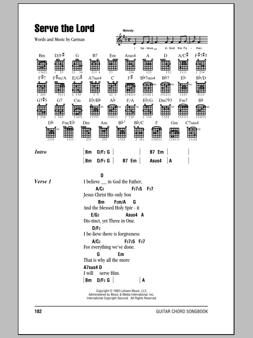 Download Carman Serve The Lord Sheet Music and learn how to play Piano, Vocal & Guitar Chords (Right-Hand Melody) PDF digital score in minutes