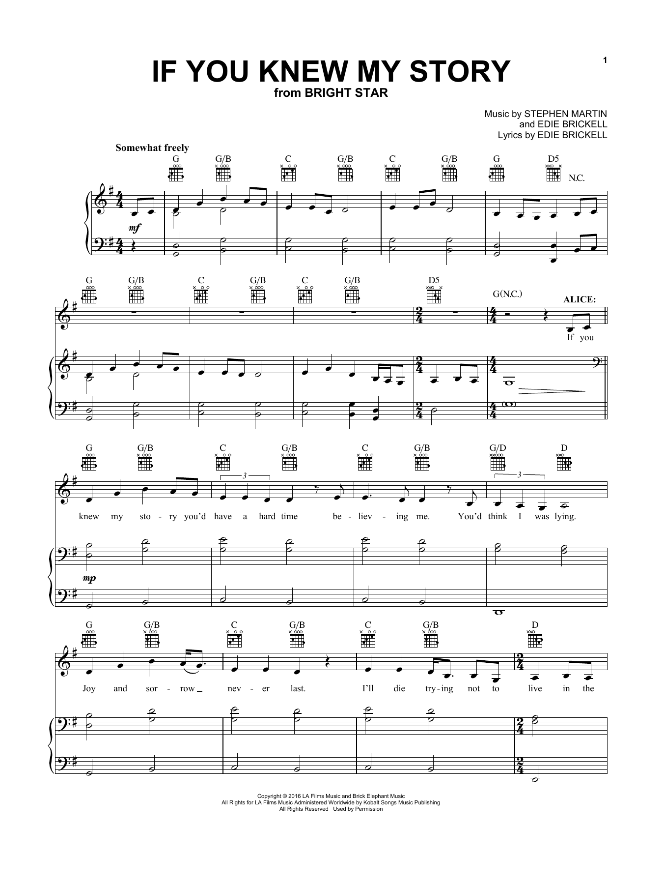 Download Carmen Cusack If You Knew My Story (from Bright Star Musical) Sheet Music and learn how to play Vocal Pro + Piano/Guitar PDF digital score in minutes