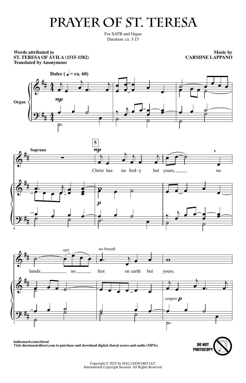 Download Carmine Lappano Prayer Of St. Teresa Sheet Music and learn how to play SATB Choir PDF digital score in minutes