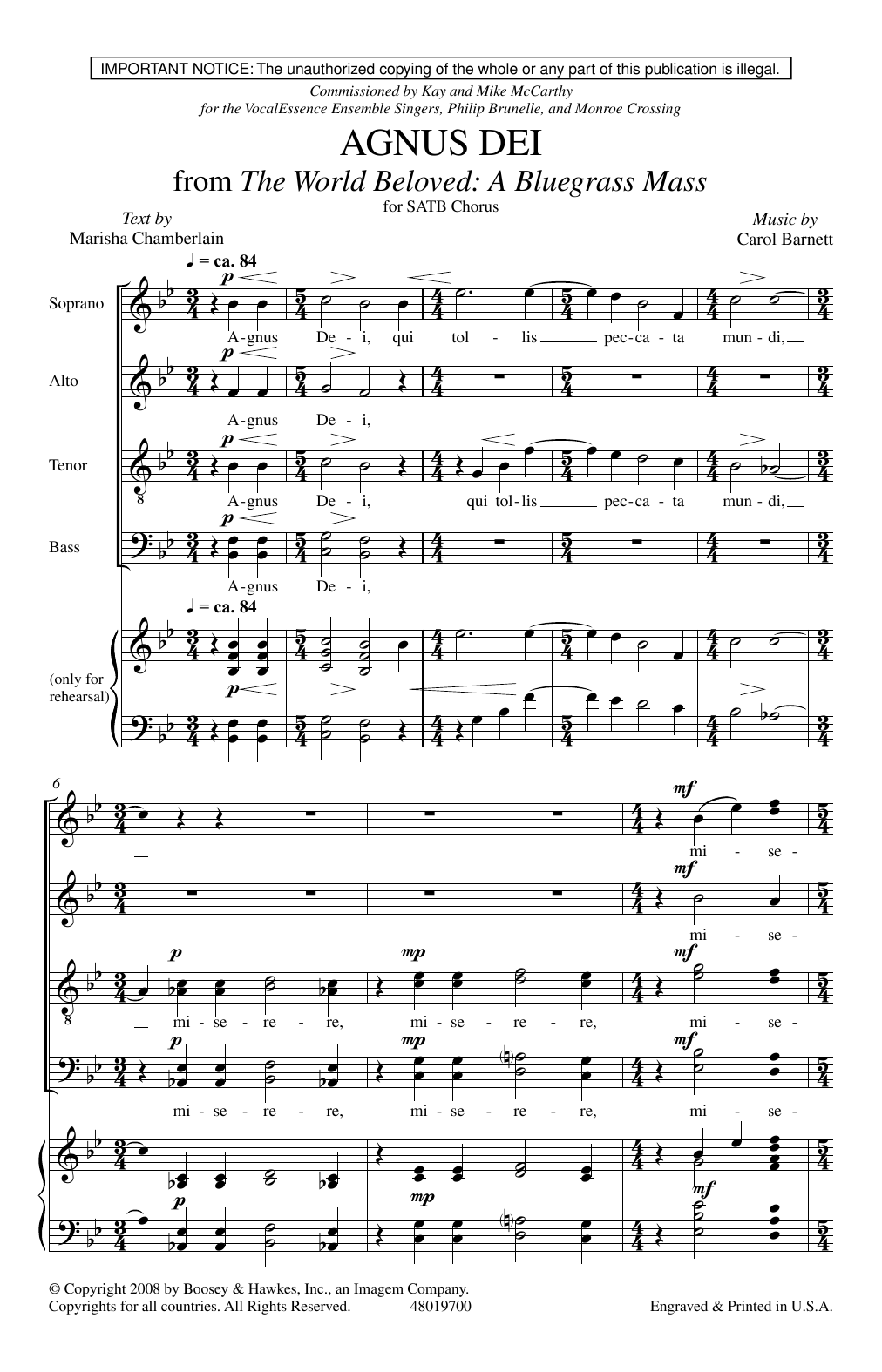Download Carol Barnett Agnus Dei (from The World Beloved: A Bluegrass Mass) Sheet Music and learn how to play SATB Choir PDF digital score in minutes