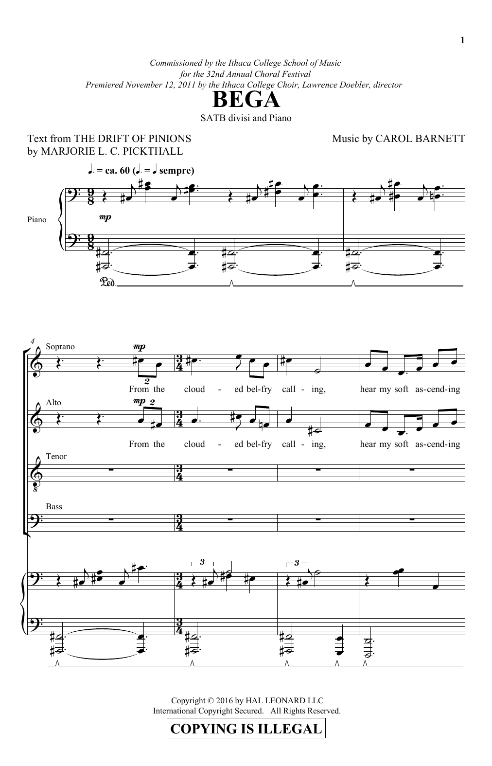 Download Carol Barnett Bega Sheet Music and learn how to play SATB Choir PDF digital score in minutes