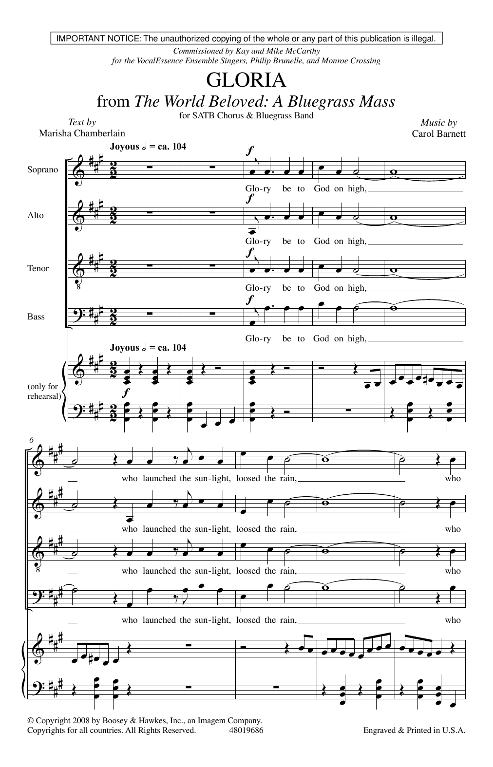 Download Carol Barnett Gloria (from The World Beloved: A Bluegrass Mass) Sheet Music and learn how to play SATB Choir PDF digital score in minutes