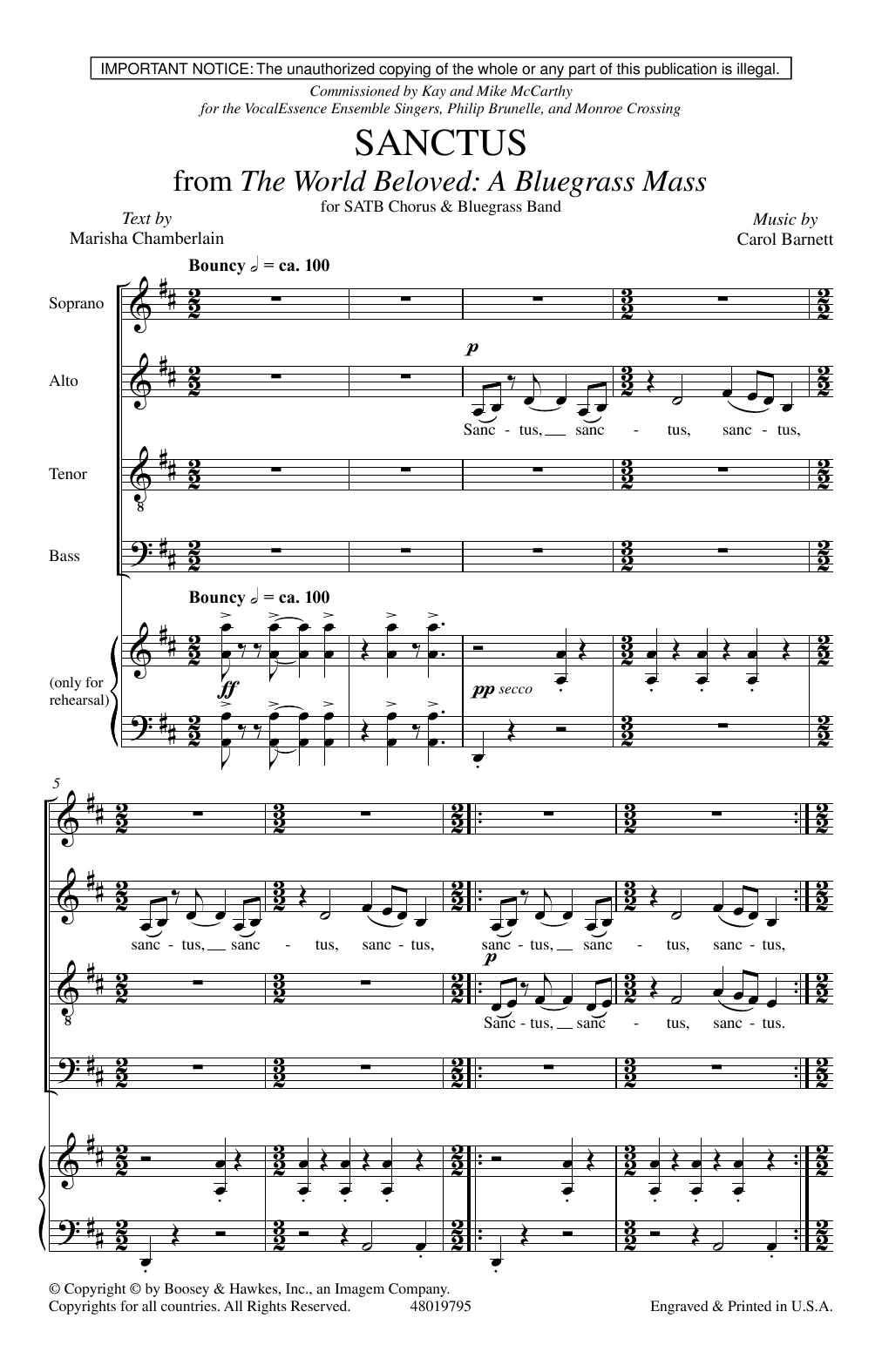 Download Carol Barnett Sanctus (from The World Beloved: A Bluegrass Mass) Sheet Music and learn how to play SATB Choir PDF digital score in minutes