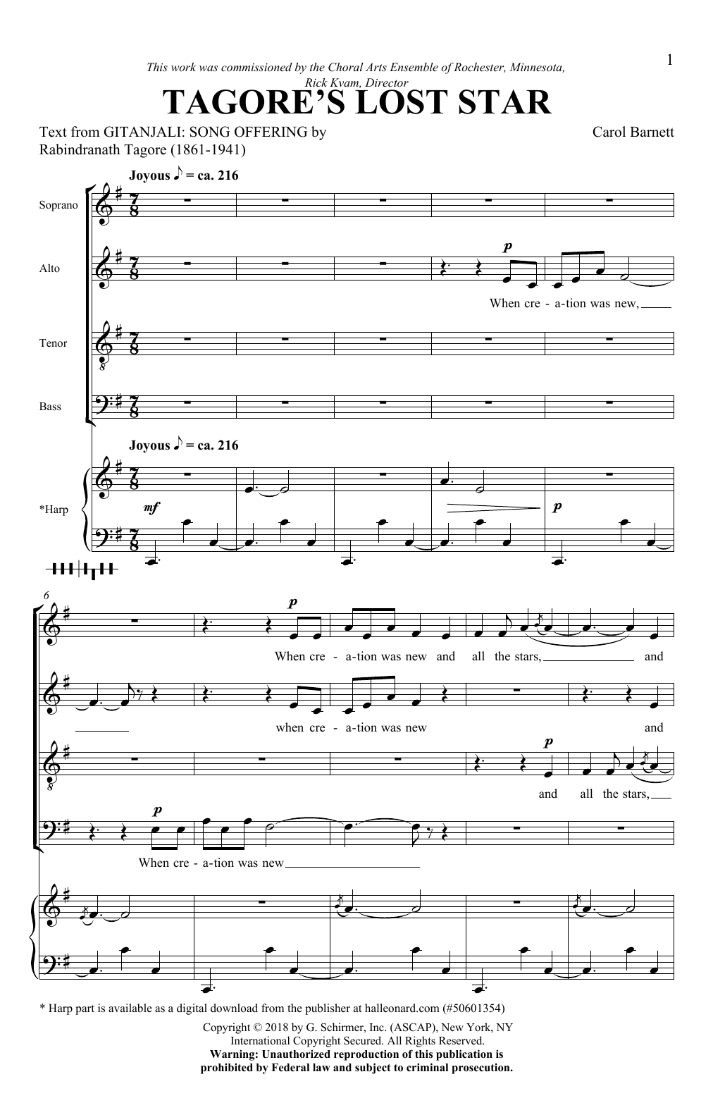 Download Carol Barnett Tagore's Lost Star Sheet Music and learn how to play SATB Choir PDF digital score in minutes