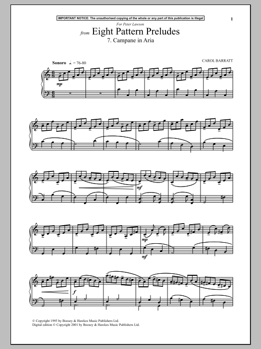 Download Carol Barratt Eight Pattern Preludes, 7. Campane In Aria Sheet Music and learn how to play Piano PDF digital score in minutes