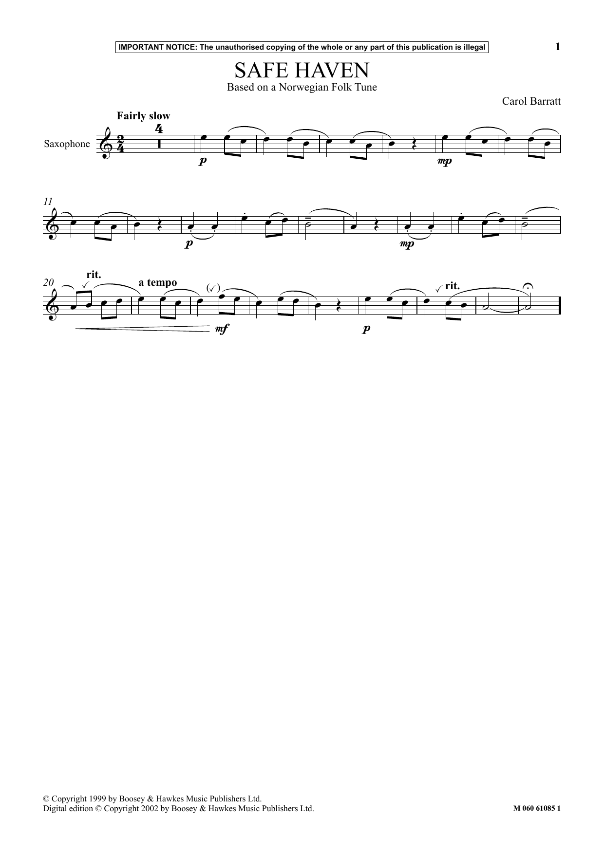 Download Carol Barratt Safe Haven Sheet Music and learn how to play Instrumental Solo PDF digital score in minutes