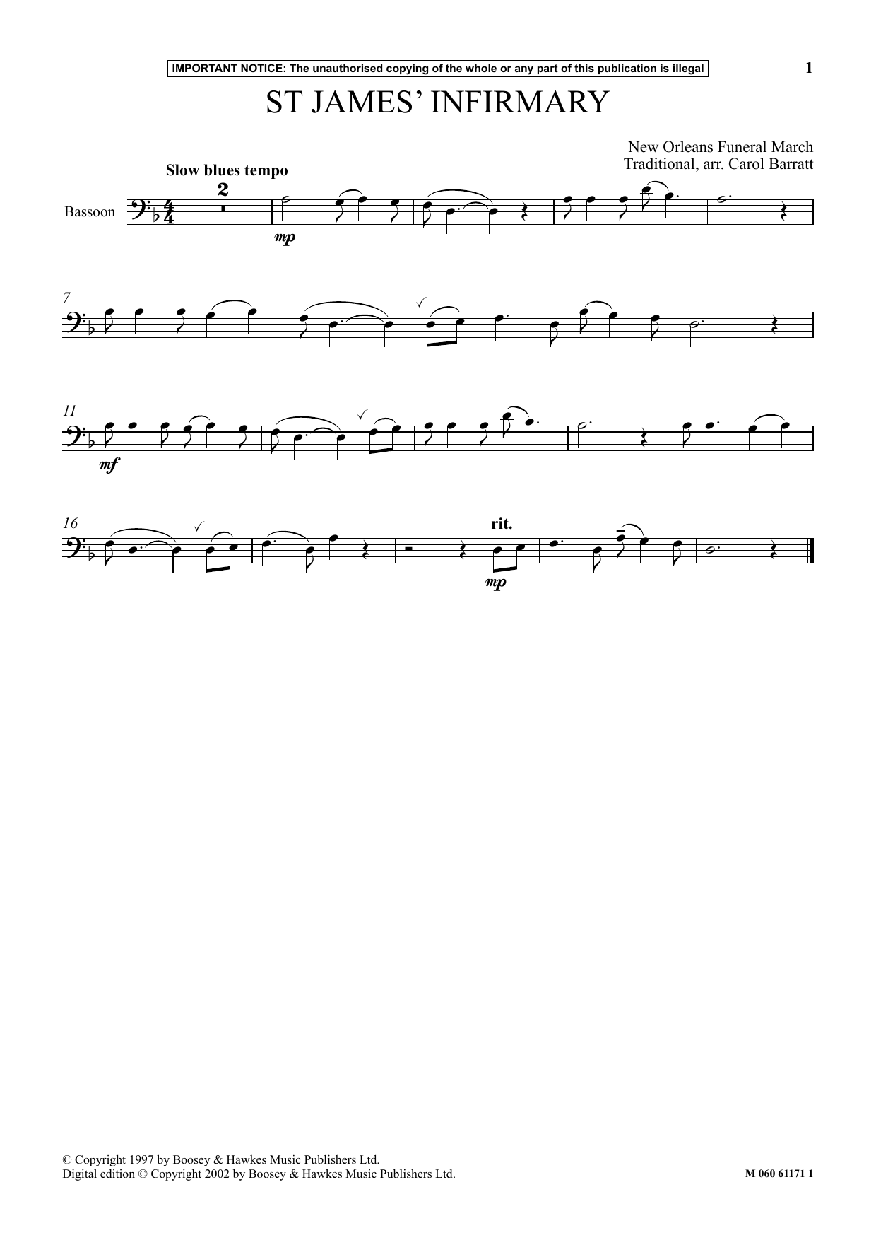 Download Carol Barratt Saint James Infirmary Sheet Music and learn how to play Instrumental Solo PDF digital score in minutes