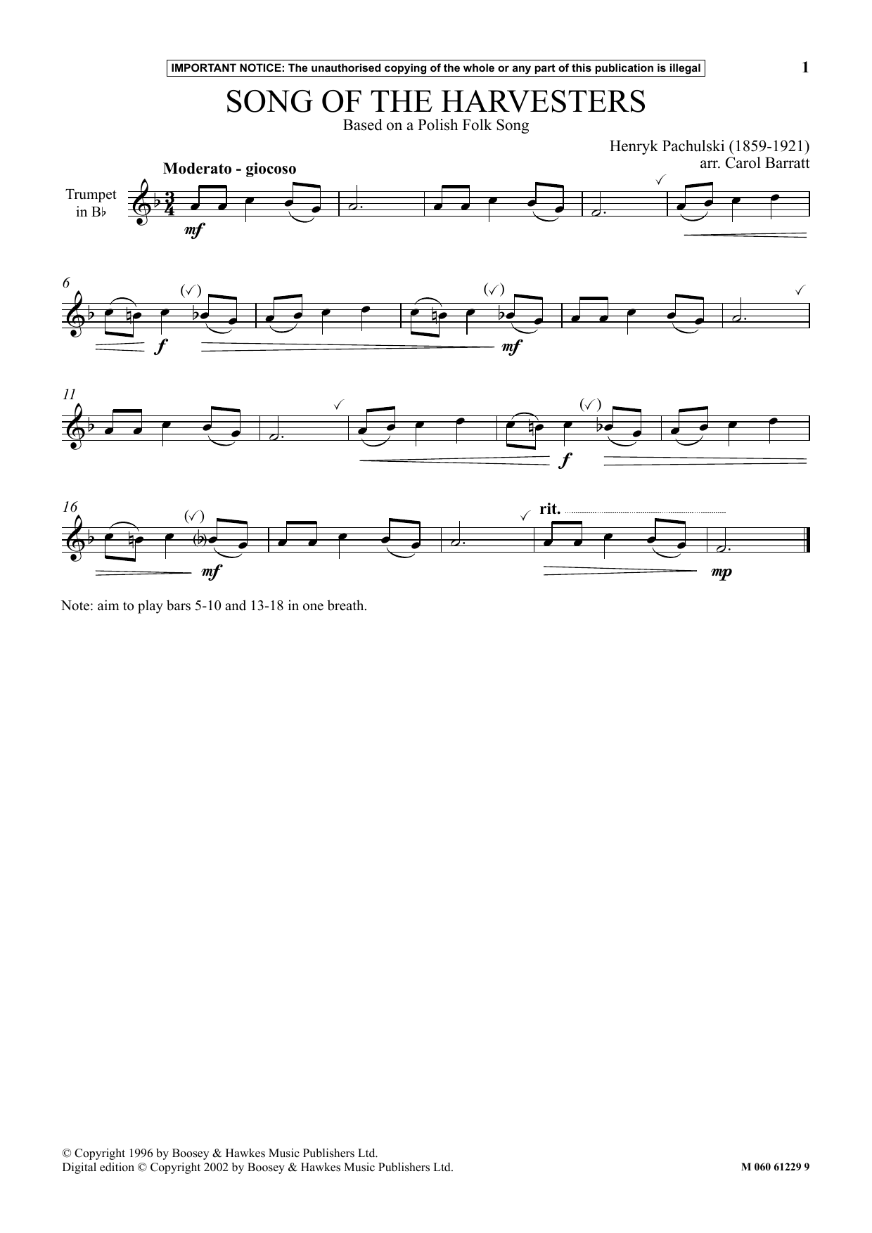Download Carol Barratt Song Of The Harvesters Sheet Music and learn how to play Instrumental Solo PDF digital score in minutes