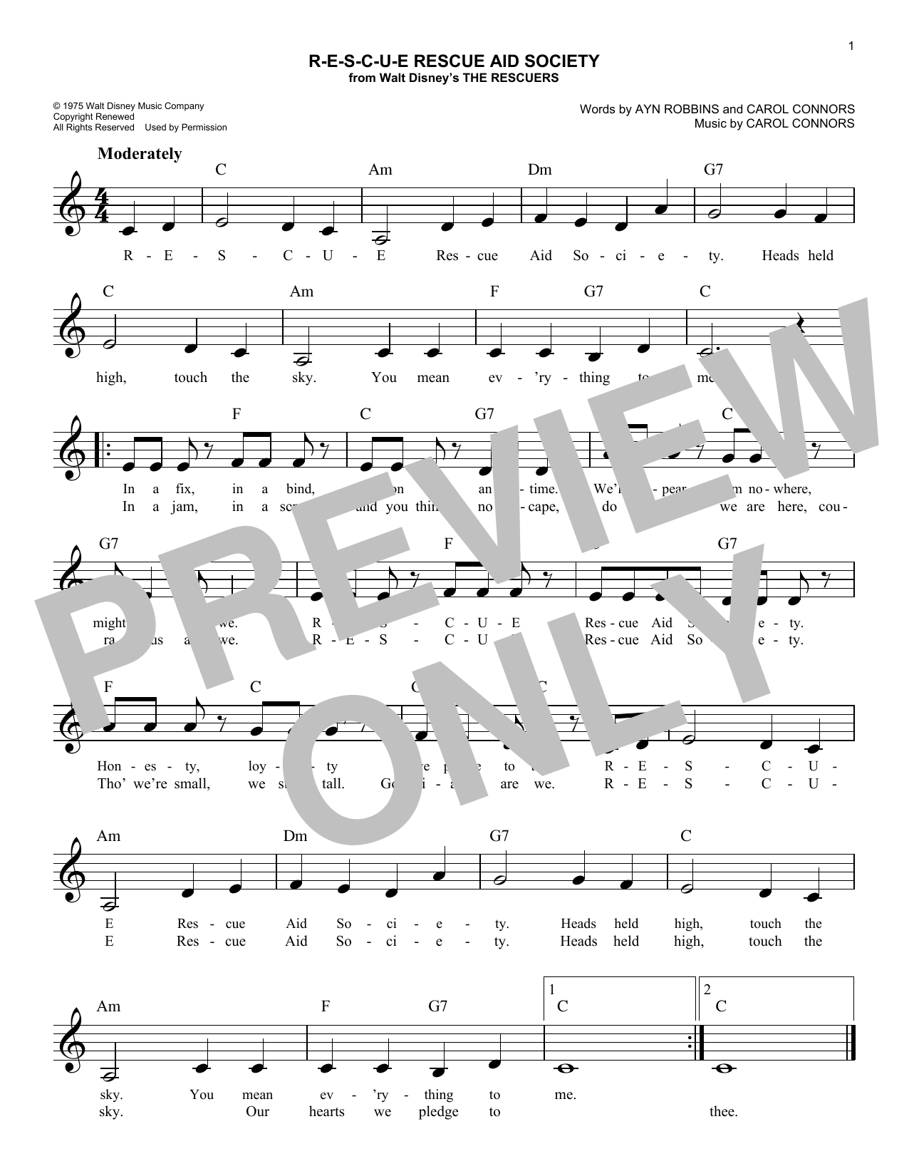 Download Carol Connors R-E-S-C-U-E Rescue Aid Society Sheet Music and learn how to play Melody Line, Lyrics & Chords PDF digital score in minutes