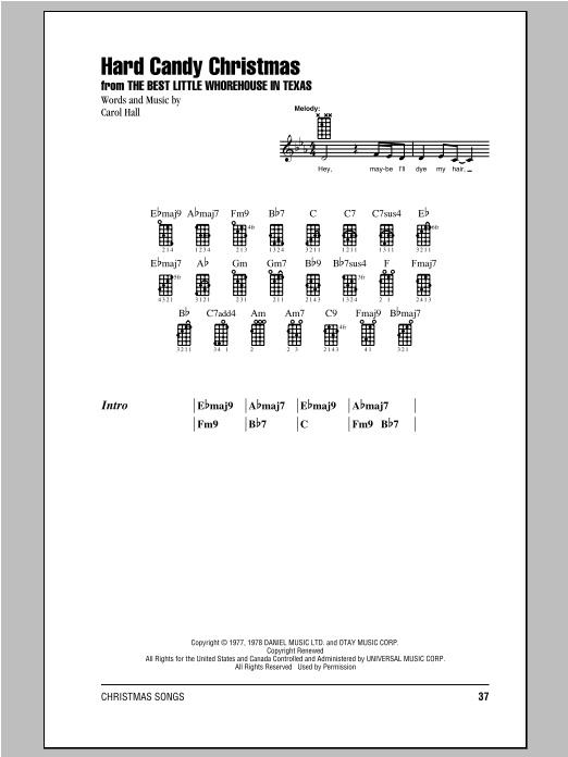 Download Carol Hall Hard Candy Christmas Sheet Music and learn how to play Ukulele with strumming patterns PDF digital score in minutes