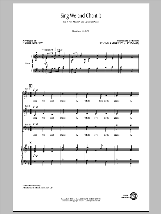 Download Thomas Morley Sing We And Chant It (arr. Carol Kelley) Sheet Music and learn how to play 2-Part Choir PDF digital score in minutes