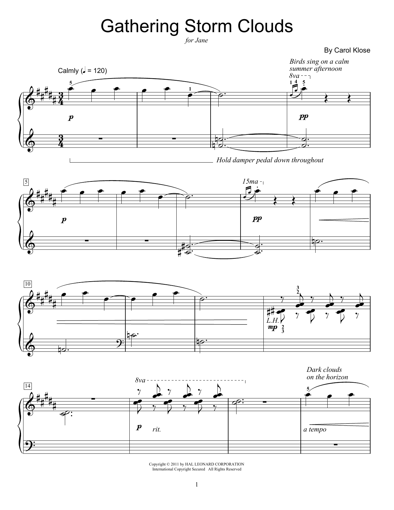Download Carol Klose Gathering Storm Clouds Sheet Music and learn how to play Easy Piano PDF digital score in minutes