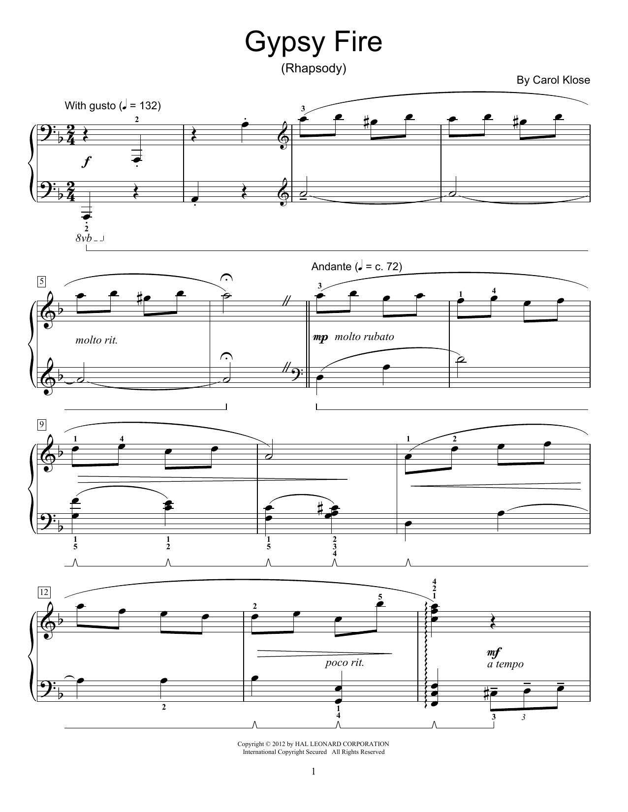 Download Carol Klose Gypsy Fire Sheet Music and learn how to play Easy Piano PDF digital score in minutes