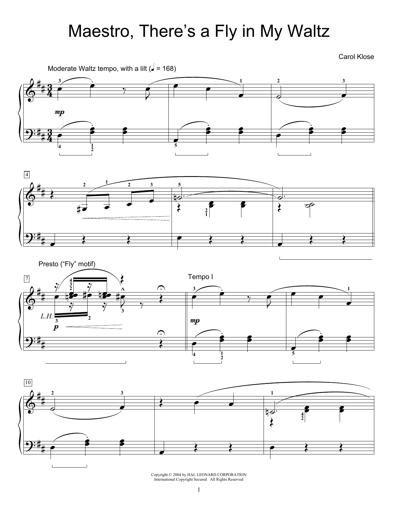 Download Carol Klose Maestro, There's A Fly In My Waltz Sheet Music and learn how to play Easy Piano PDF digital score in minutes