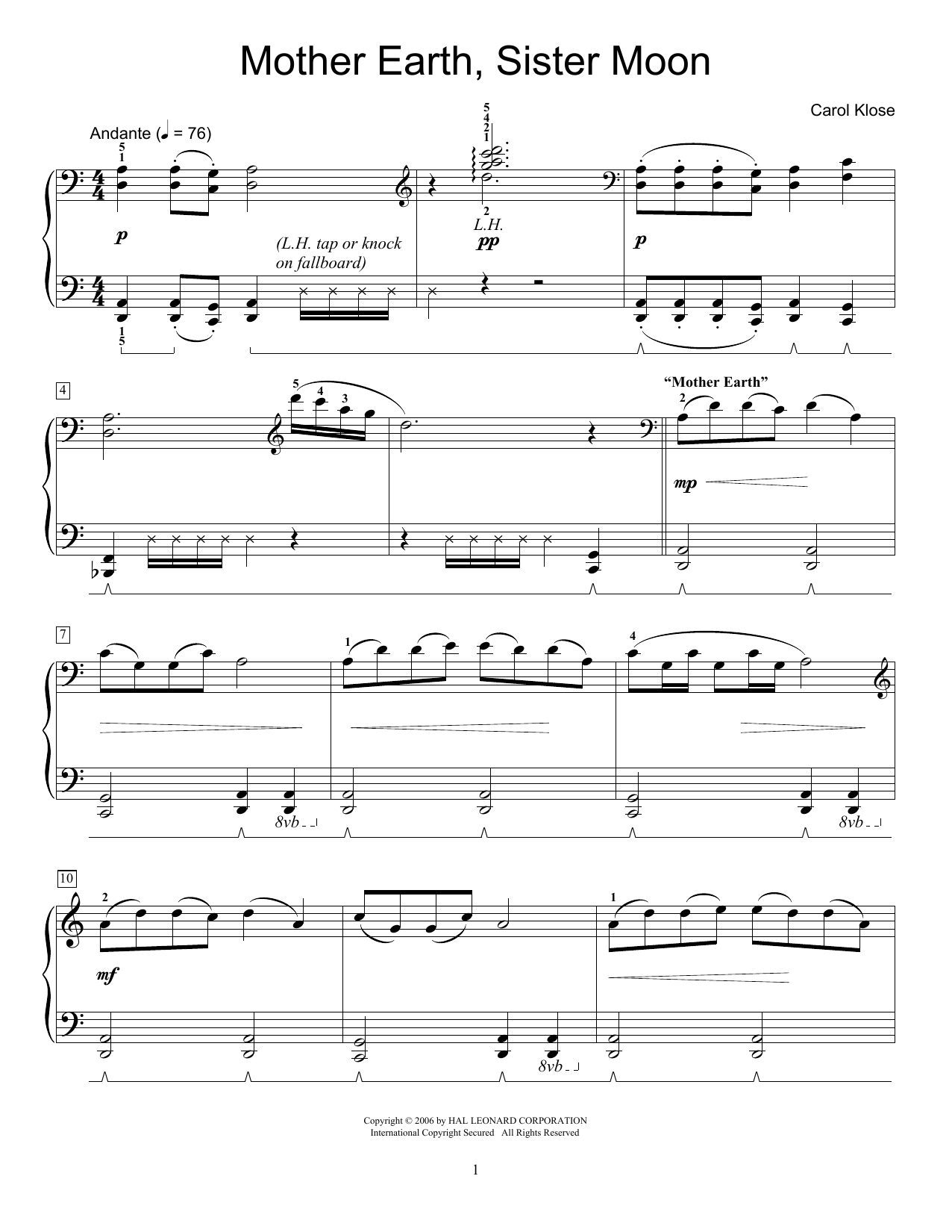 Download Carol Klose Mother Earth, Sister Moon Sheet Music and learn how to play Easy Piano PDF digital score in minutes