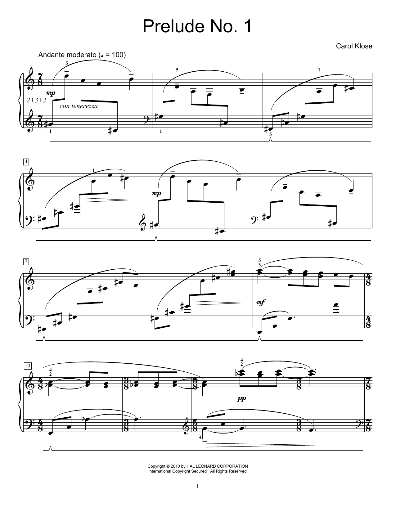 Carol Klose Prelude No 1 Sheet Music And Chords Download 4 Page Printable Pdf Educational 