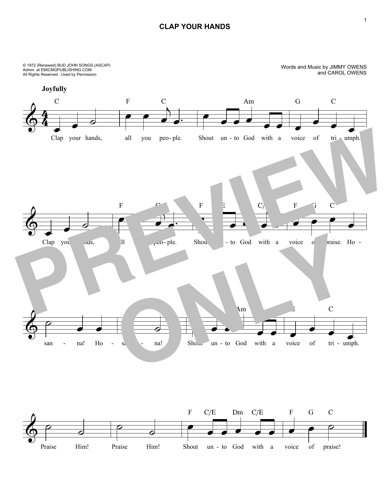 Download Carol Owens Clap Your Hands Sheet Music and learn how to play Melody Line, Lyrics & Chords PDF digital score in minutes