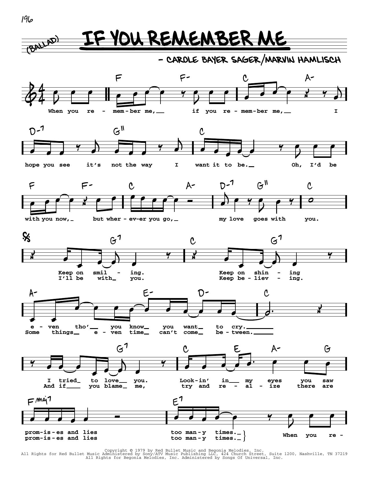 Download Carole Bayer Sager If You Remember Me (High Voice) Sheet Music and learn how to play Real Book – Melody, Lyrics & Chords PDF digital score in minutes