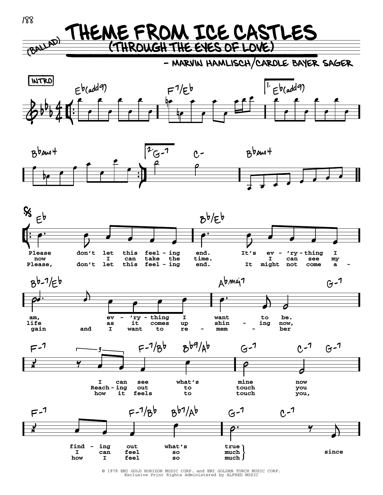 Download Carole Bayer Sager Theme From Ice Castles (Through The Eyes Of Love) (High Voice) Sheet Music and learn how to play Real Book – Melody, Lyrics & Chords PDF digital score in minutes