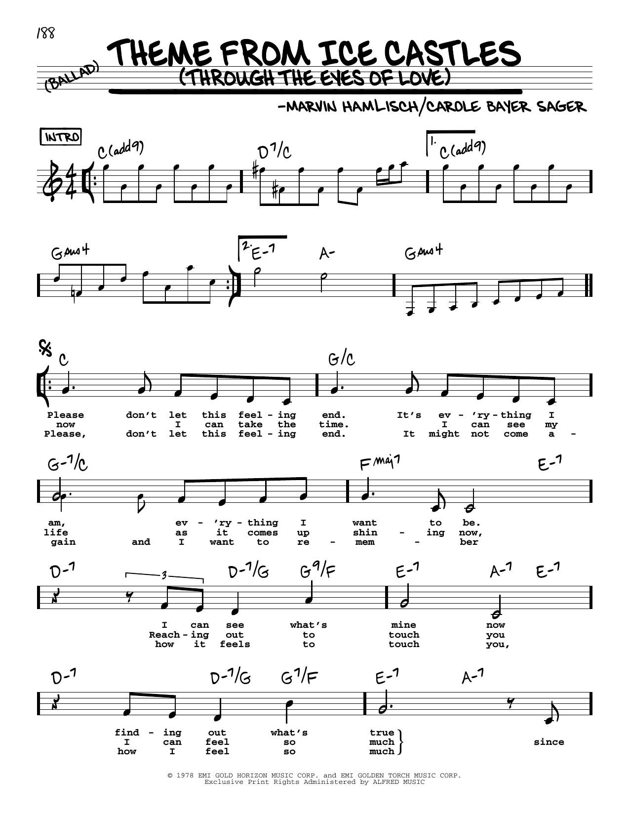 Download Carole Bayer Sager Theme From Ice Castles (Through The Eyes Of Love) (Low Voice) Sheet Music and learn how to play Real Book – Melody, Lyrics & Chords PDF digital score in minutes