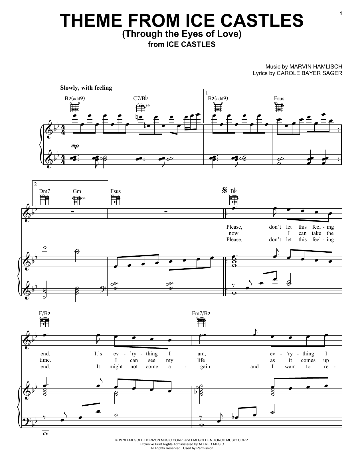 Download Carole Bayer Sager Theme From Ice Castles (Through The Eyes Of Love) Sheet Music and learn how to play Piano, Vocal & Guitar (Right-Hand Melody) PDF digital score in minutes