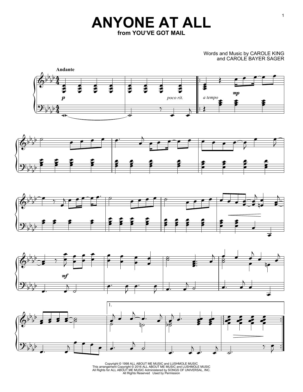 Download Carole King Anyone At All Sheet Music and learn how to play Piano PDF digital score in minutes