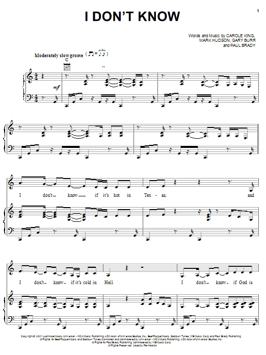 Download Carole King I Don't Know Sheet Music and learn how to play Piano, Vocal & Guitar (Right-Hand Melody) PDF digital score in minutes
