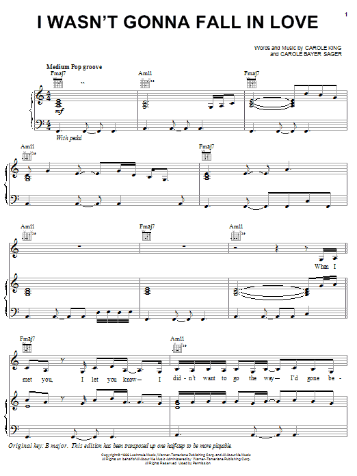 Download Carole King I Wasn't Gonna Fall In Love Sheet Music and learn how to play Piano, Vocal & Guitar (Right-Hand Melody) PDF digital score in minutes