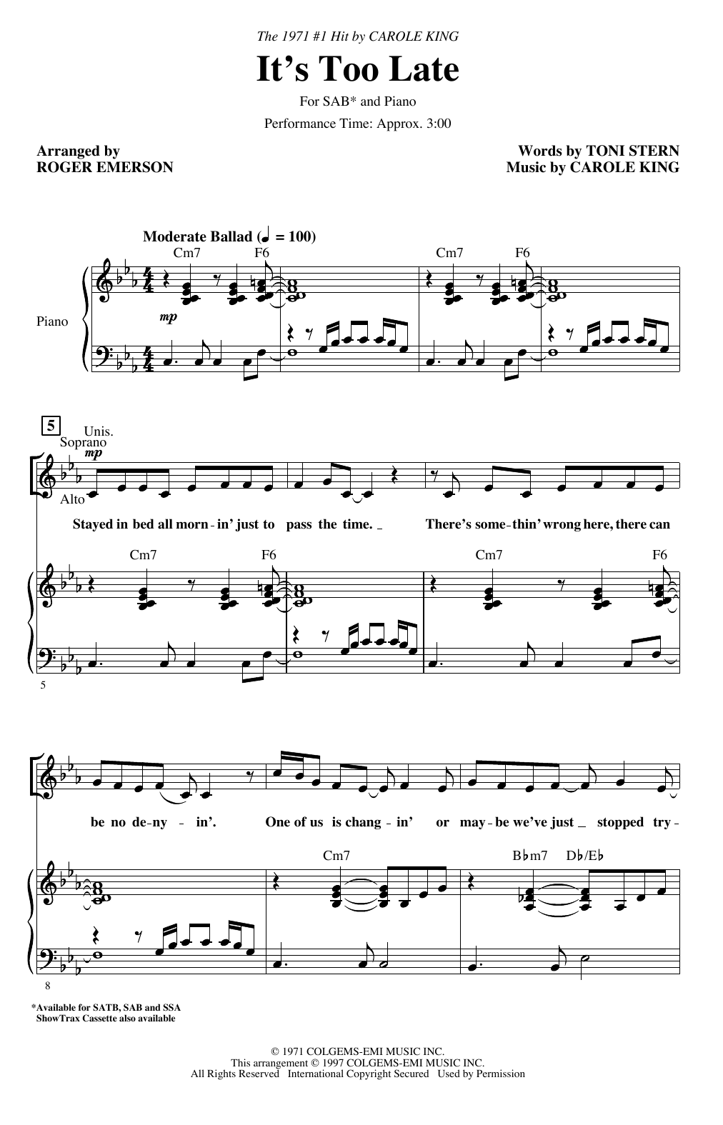 Download Carole King It's Too Late (arr. Roger Emerson) Sheet Music and learn how to play SATB Choir PDF digital score in minutes