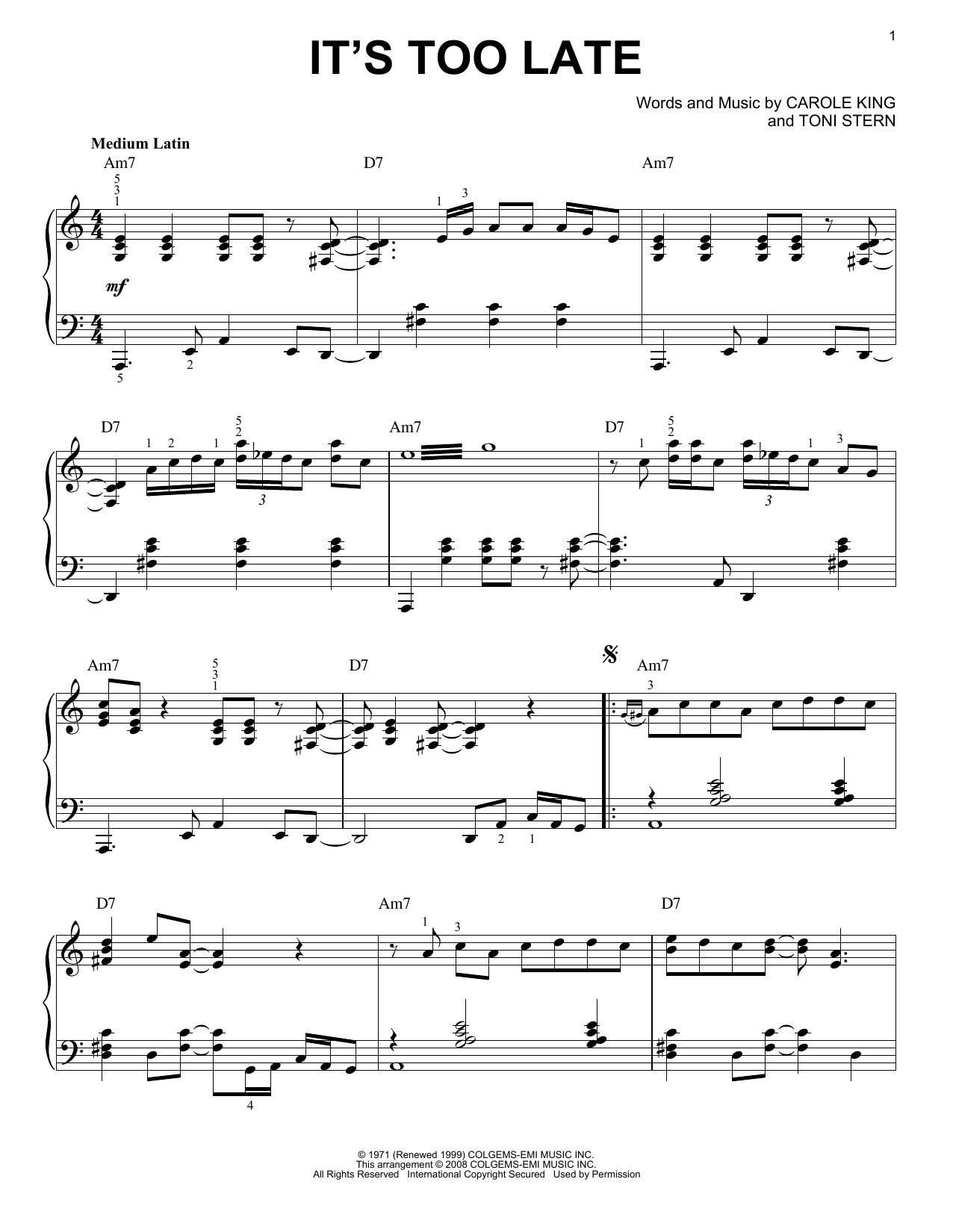 Download Carole King It's Too Late Sheet Music and learn how to play Piano PDF digital score in minutes