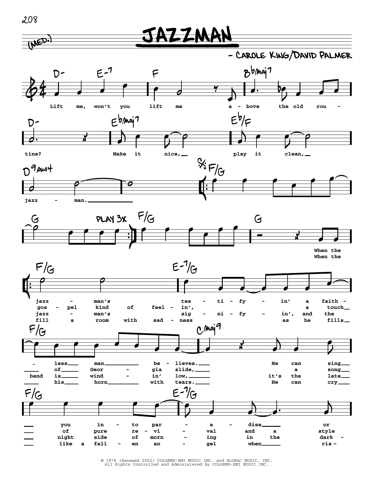 Download Carole King Jazzman (High Voice) Sheet Music and learn how to play Real Book – Melody, Lyrics & Chords PDF digital score in minutes