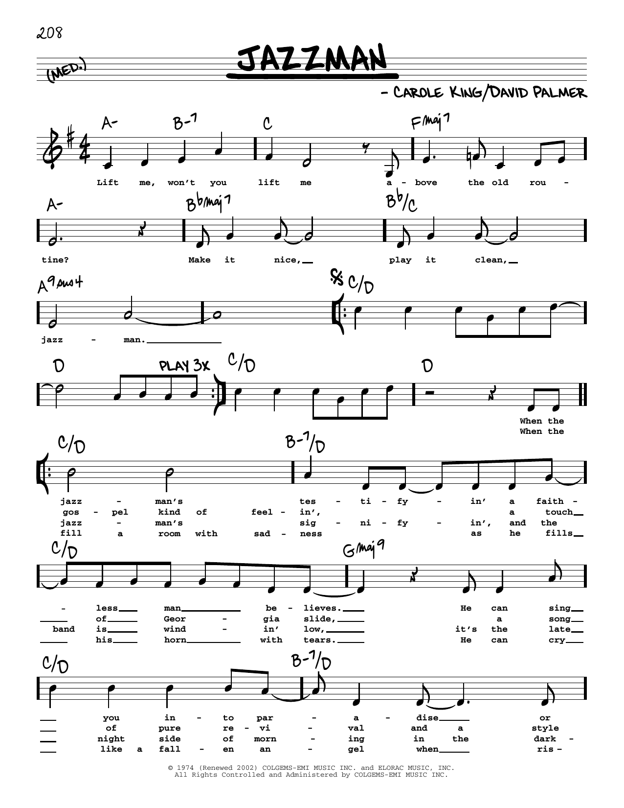 Download Carole King Jazzman (Low Voice) Sheet Music and learn how to play Real Book – Melody, Lyrics & Chords PDF digital score in minutes
