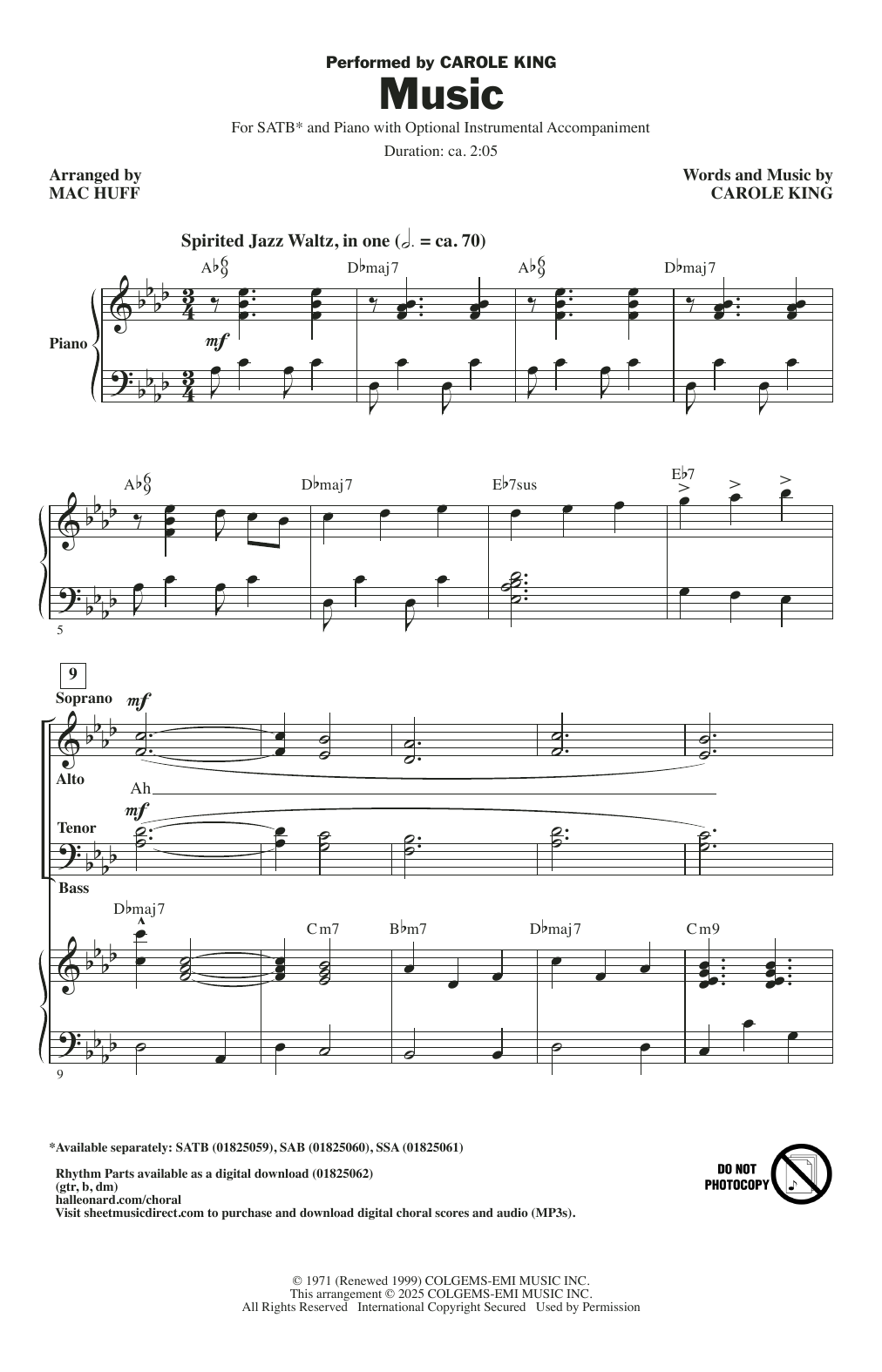 Download Carole King Music (arr. Mac Huff) Sheet Music and learn how to play SAB Choir PDF digital score in minutes