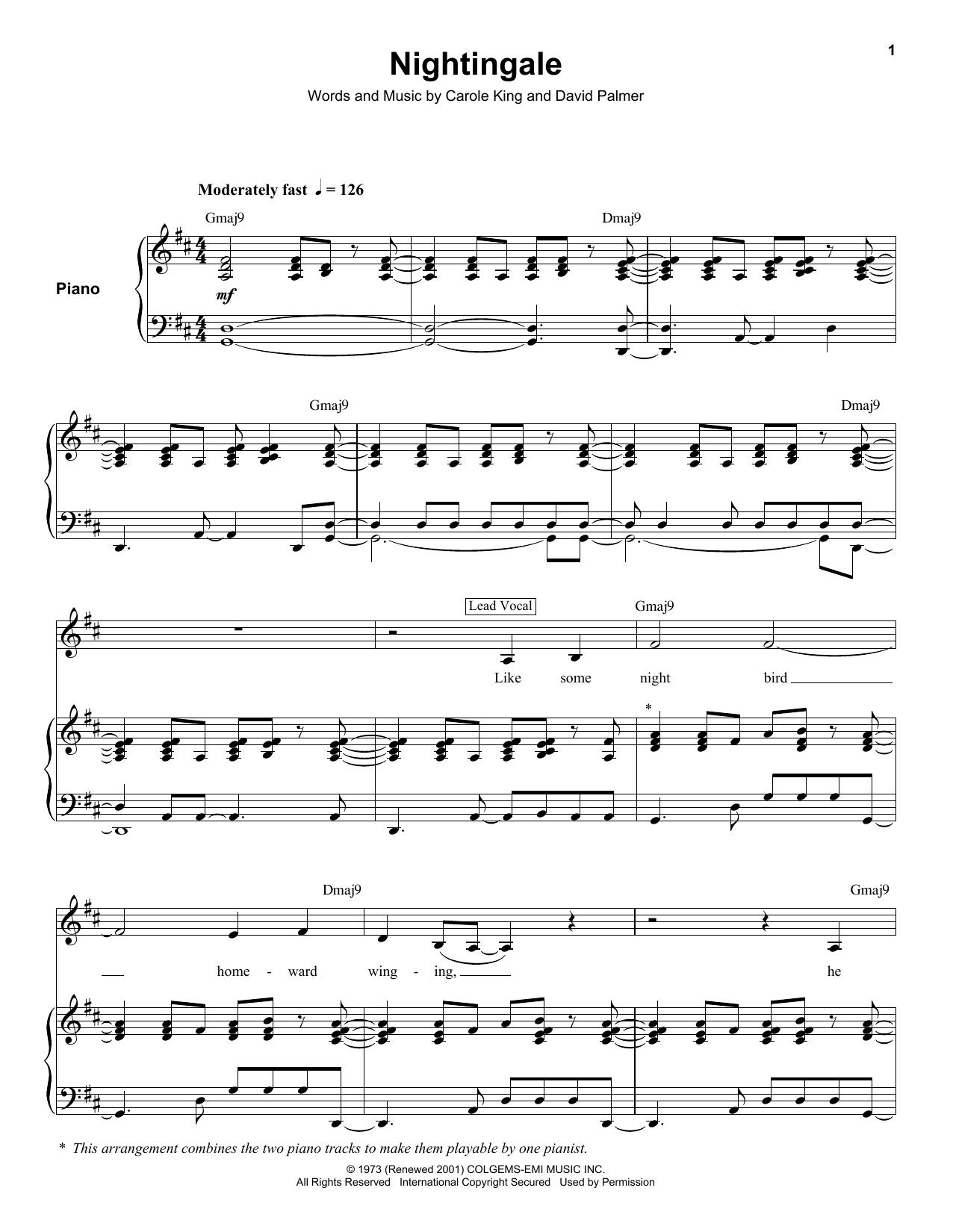 Download Carole King Nightingale Sheet Music and learn how to play Keyboard Transcription PDF digital score in minutes