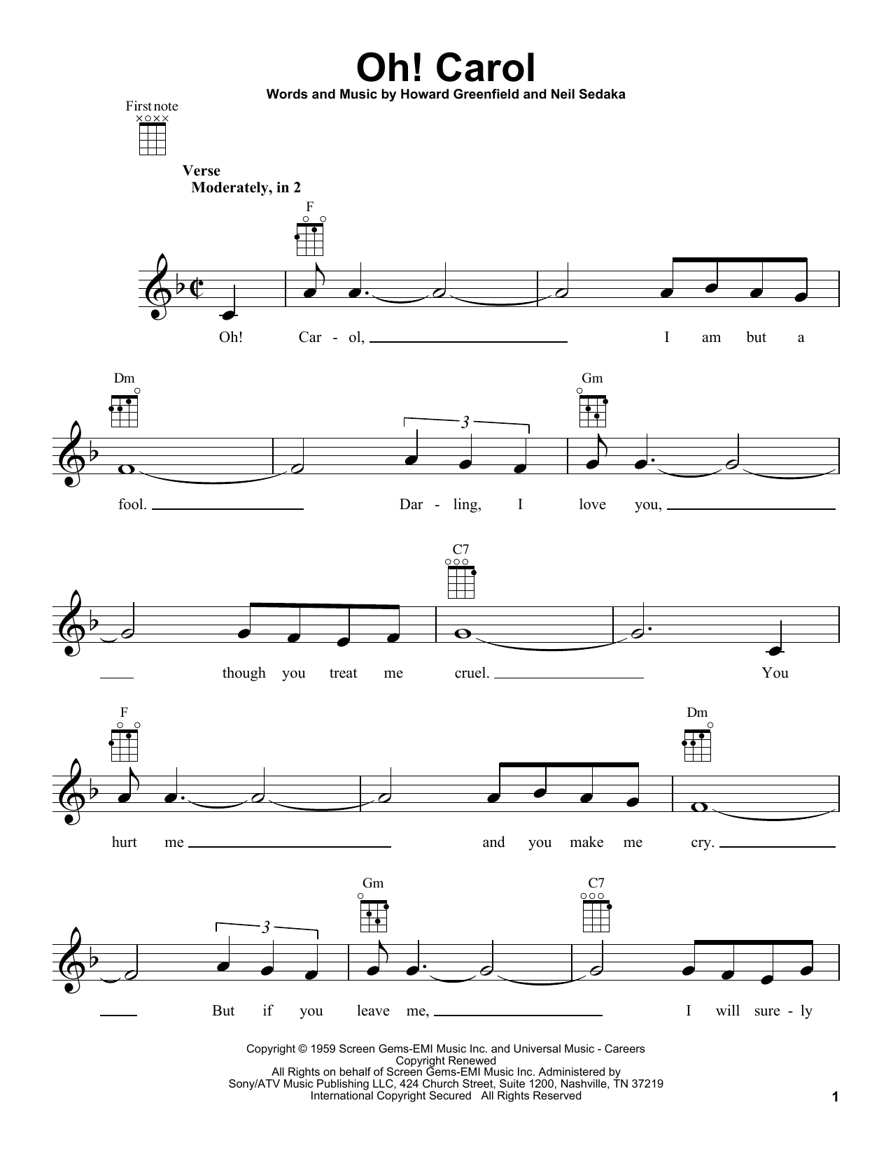 Download Carole King Oh! Carol Sheet Music and learn how to play Ukulele PDF digital score in minutes