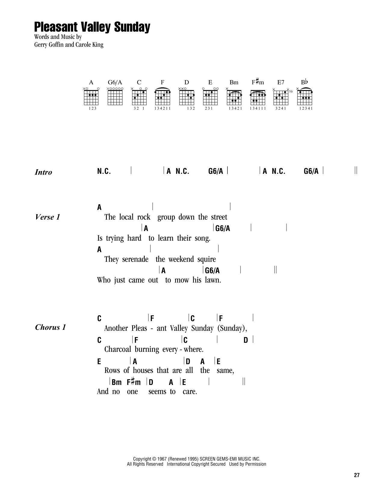Download Carole King Pleasant Valley Sunday Sheet Music and learn how to play Ukulele PDF digital score in minutes