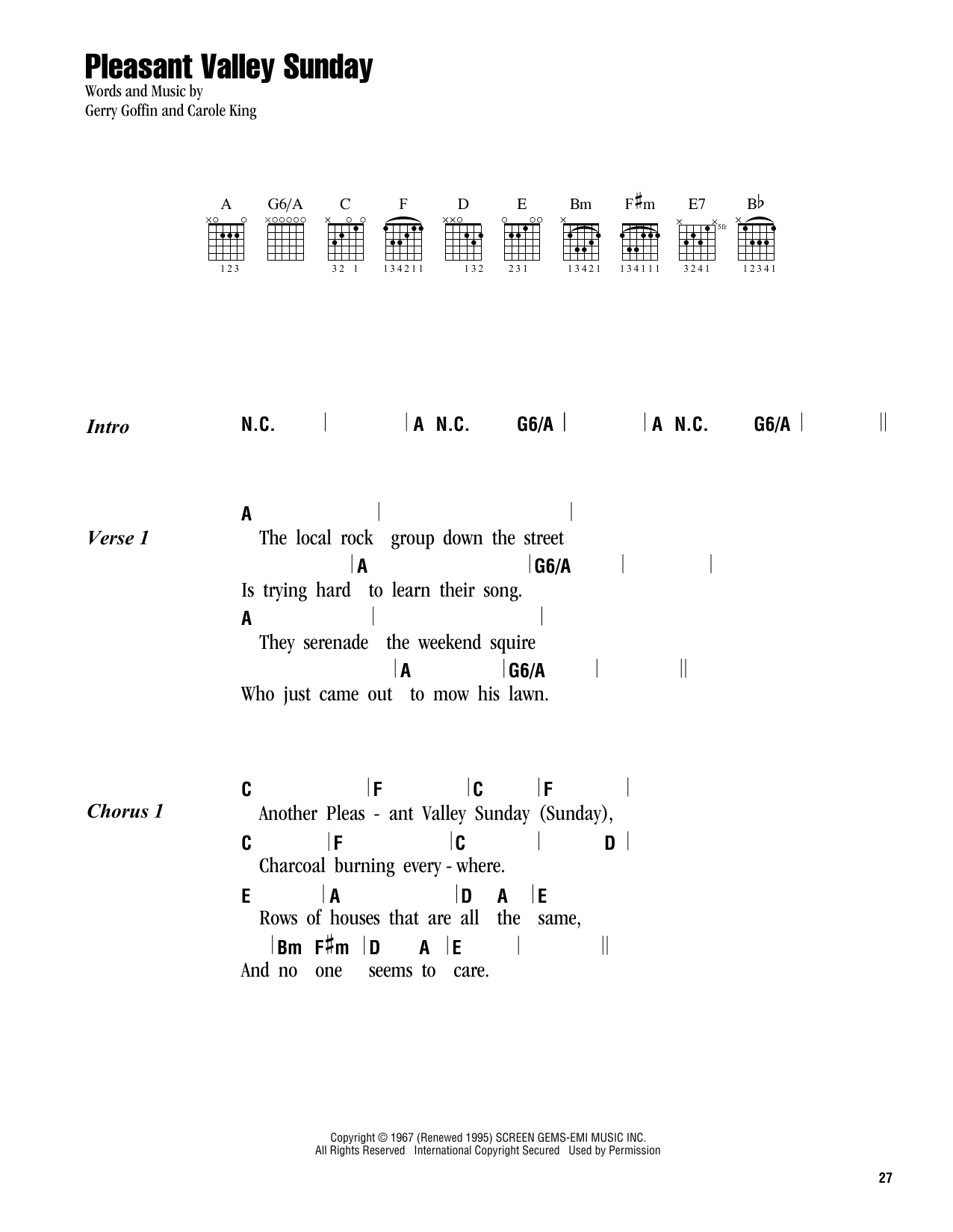 Download Carole King Pleasant Valley Sunday Sheet Music and learn how to play Lyrics & Chords PDF digital score in minutes