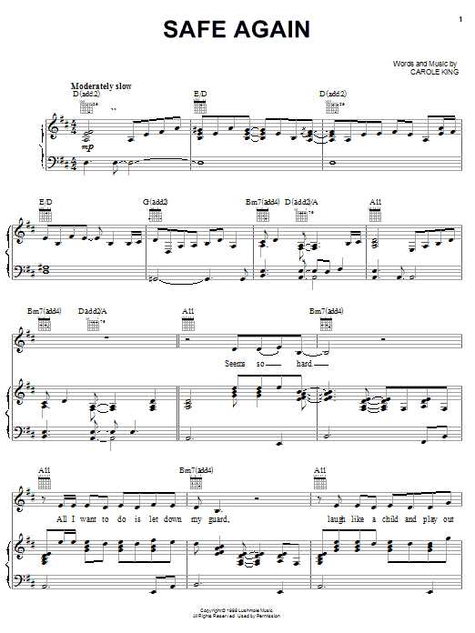 Download Carole King Safe Again Sheet Music and learn how to play Piano, Vocal & Guitar (Right-Hand Melody) PDF digital score in minutes