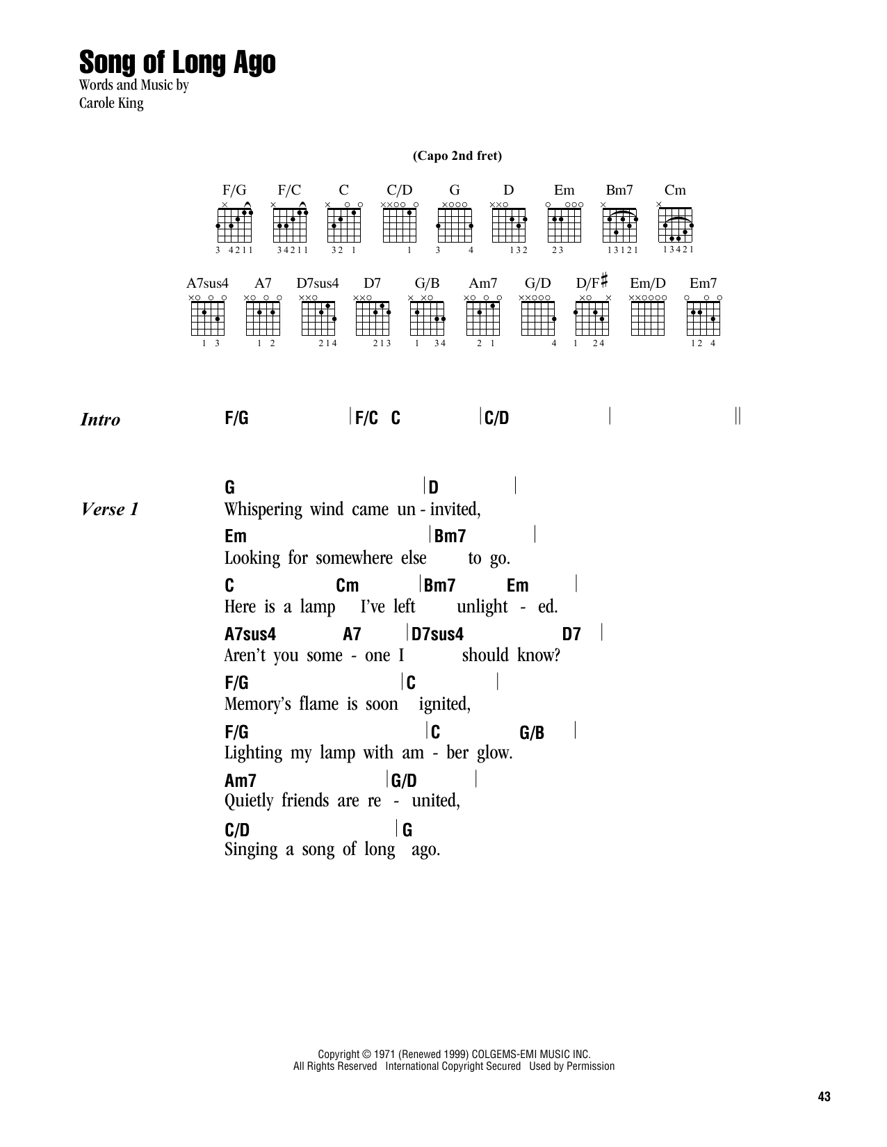 Download Carole King Song Of Long Ago Sheet Music and learn how to play Lyrics & Chords PDF digital score in minutes