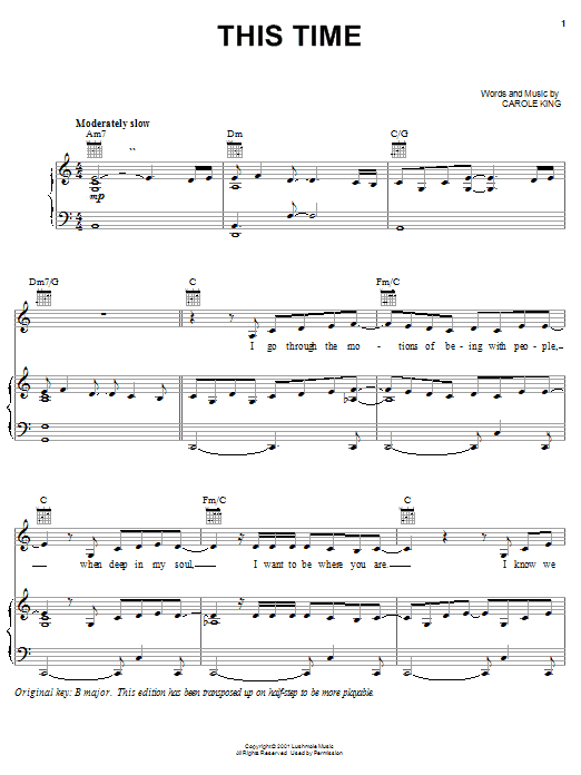 Download Carole King This Time Sheet Music and learn how to play Piano, Vocal & Guitar (Right-Hand Melody) PDF digital score in minutes