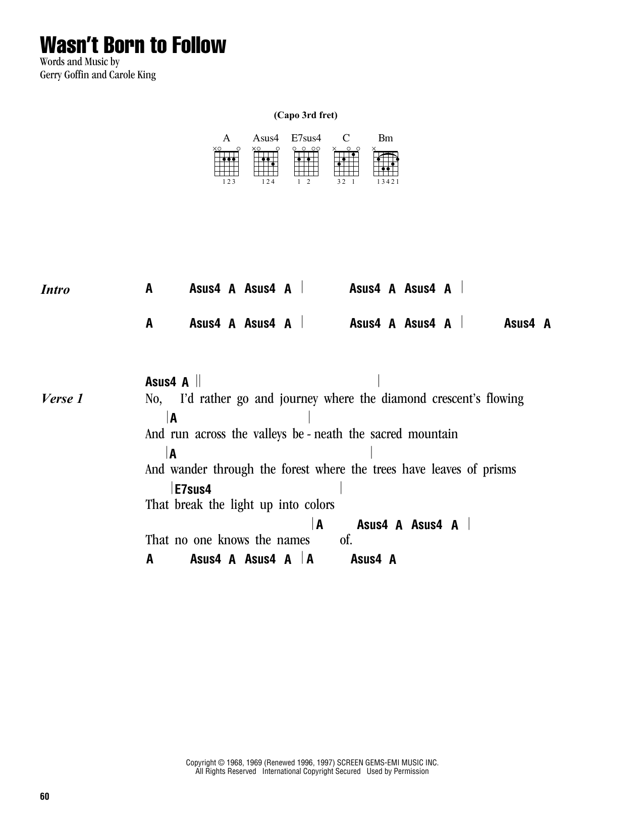 Download Carole King Wasn't Born To Follow Sheet Music and learn how to play Lyrics & Chords PDF digital score in minutes