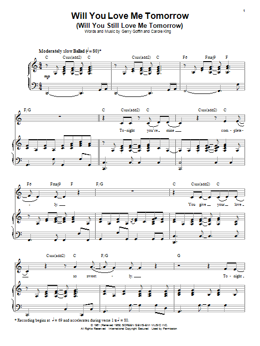 Download Carole King Will You Love Me Tomorrow (Will You Still Love Me Tomorrow) Sheet Music and learn how to play Piano (Big Notes) PDF digital score in minutes
