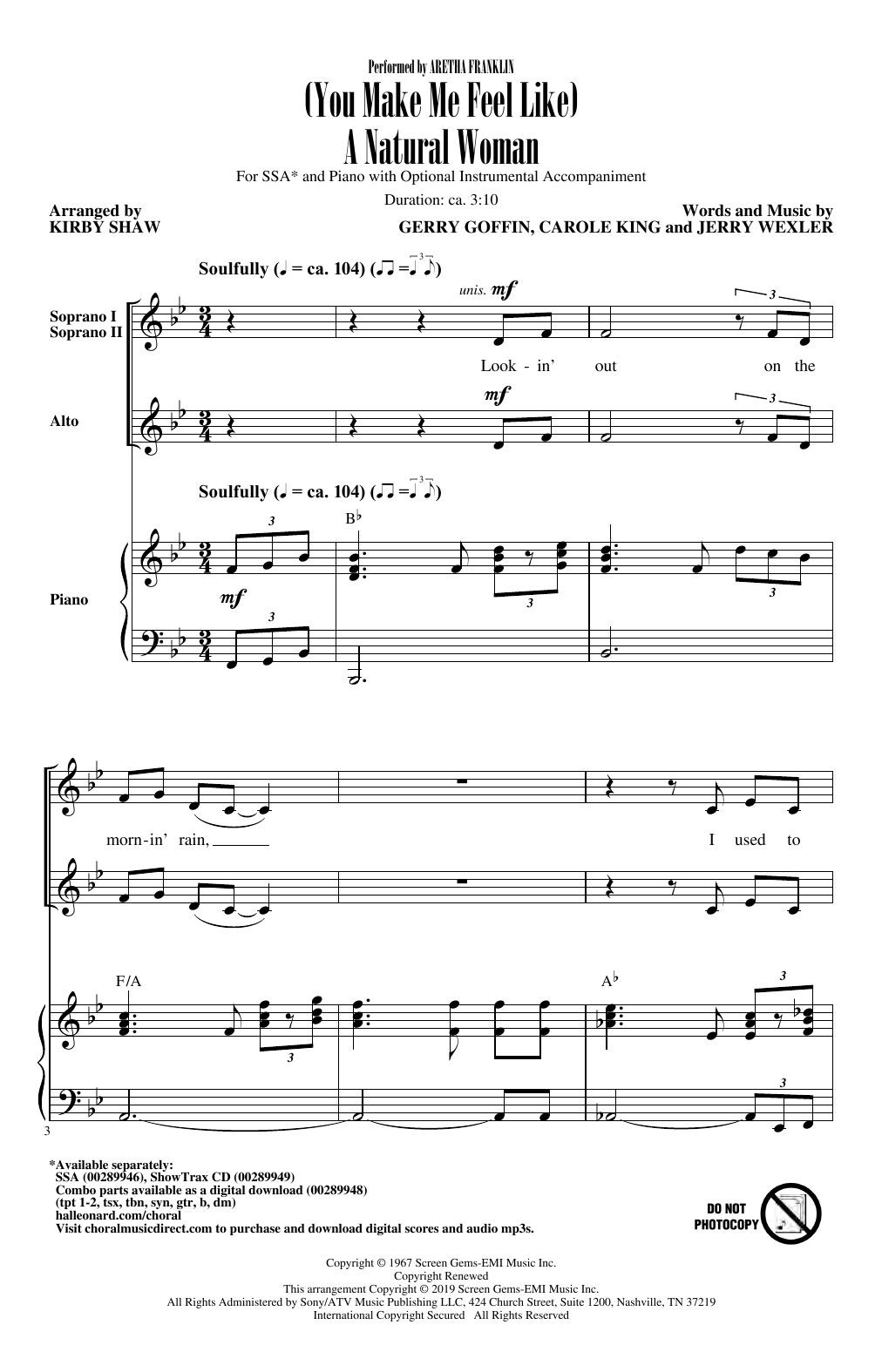 Download Carole King (You Make Me Feel Like) A Natural Woman (arr. Kirby Shaw) Sheet Music and learn how to play SSA Choir PDF digital score in minutes