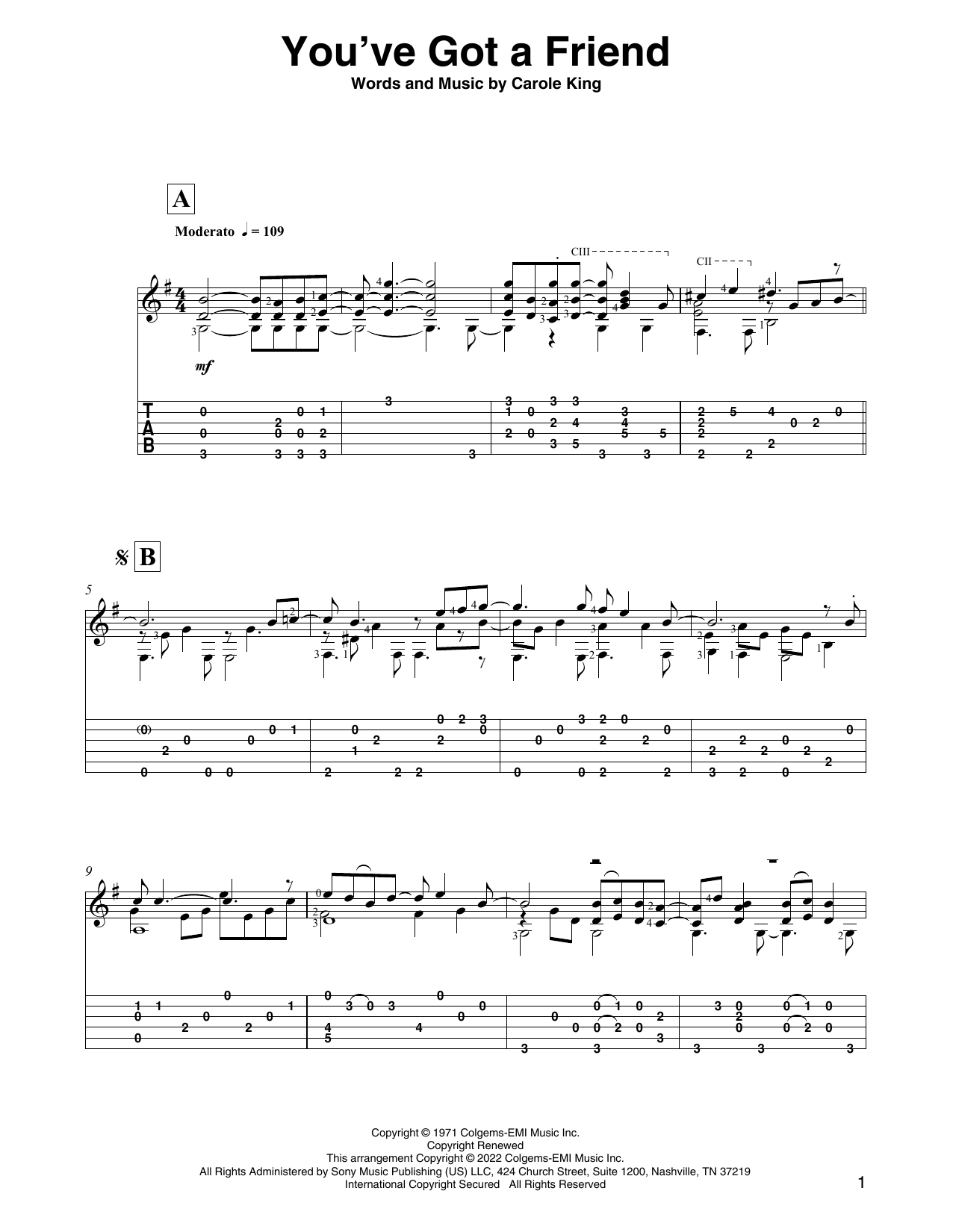 Download Carole King You've Got A Friend (arr. David Jaggs) Sheet Music and learn how to play Solo Guitar PDF digital score in minutes