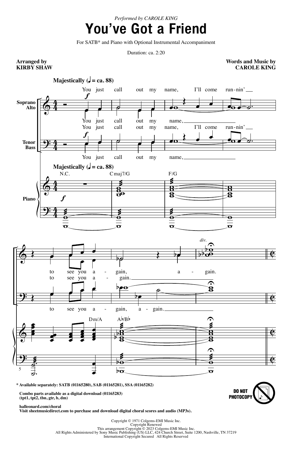 Download Carole King You've Got A Friend (arr. Kirby Shaw) Sheet Music and learn how to play SAB Choir PDF digital score in minutes