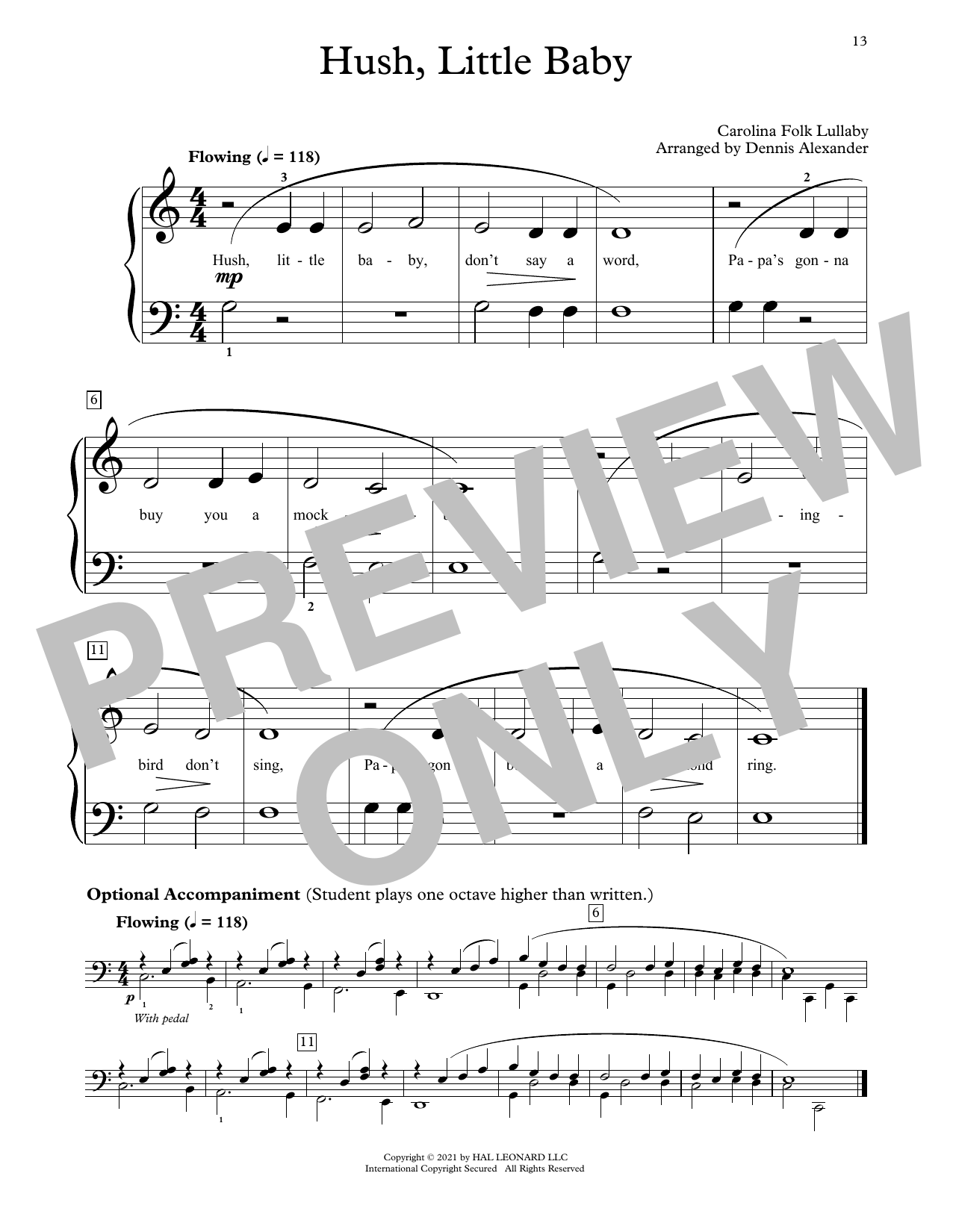 Download Carolina Folk Lullaby Hush, Little Baby (arr. Dennis Alexander) Sheet Music and learn how to play Educational Piano PDF digital score in minutes