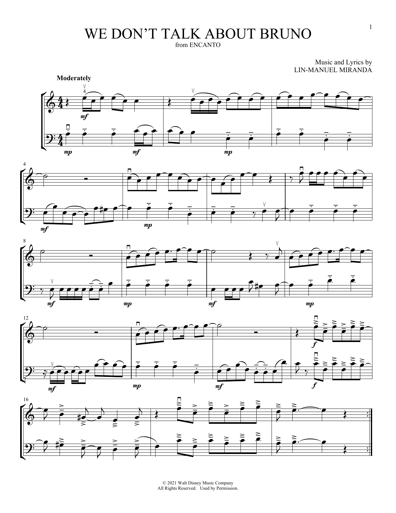 Download Carolina Gaitan, Mauro Castillo, Adassa, Rhenzy We Don't Talk About Bruno (from Encanto) (arr. Michelle Hynson) Sheet Music and learn how to play Instrumental Duet PDF digital score in minutes