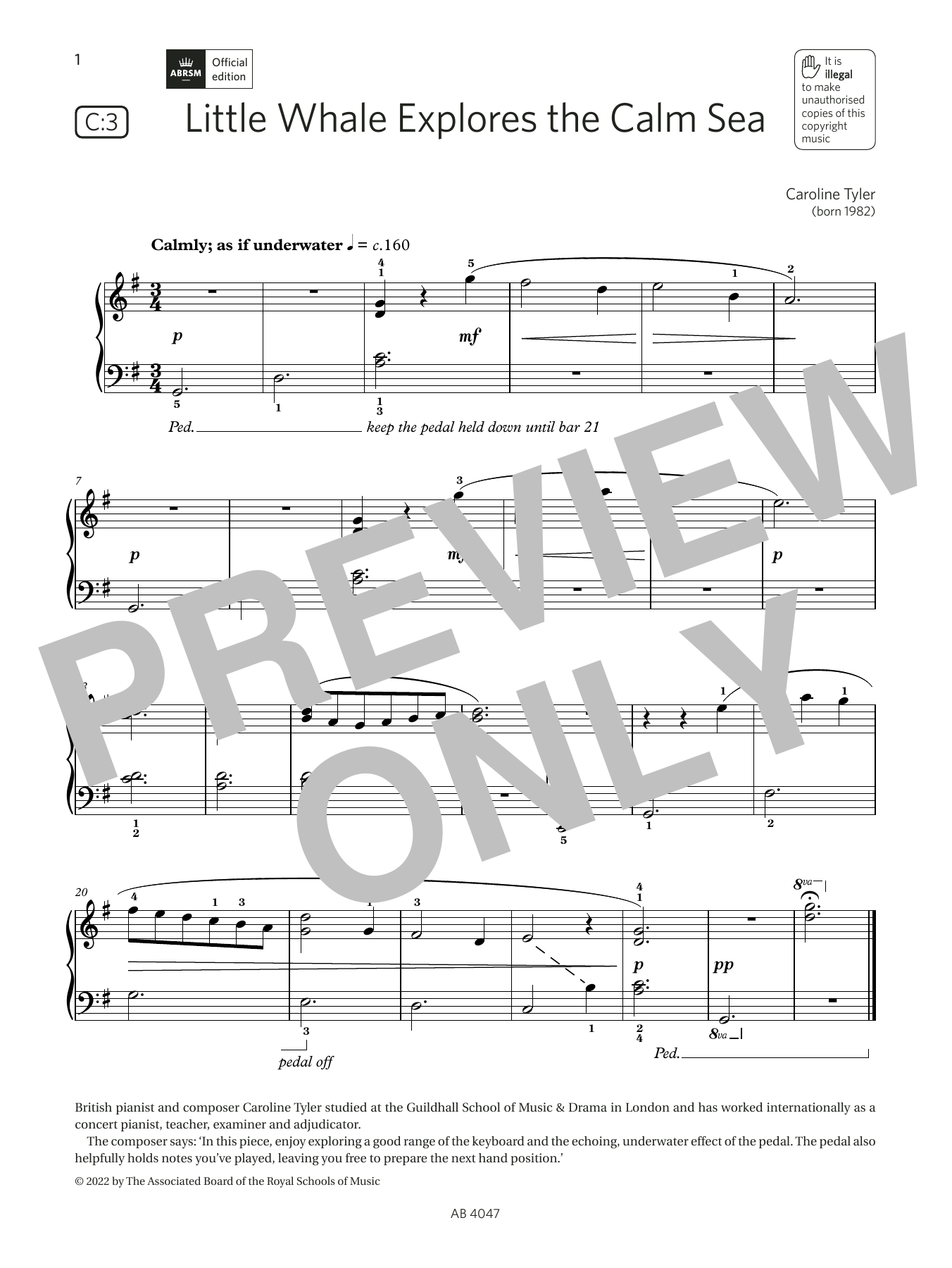 Download Caroline Tyler Little Whale Explores the Calm Sea (Grade 1, list C3, from the ABRSM Piano Sylla Sheet Music and learn how to play Piano Solo PDF digital score in minutes