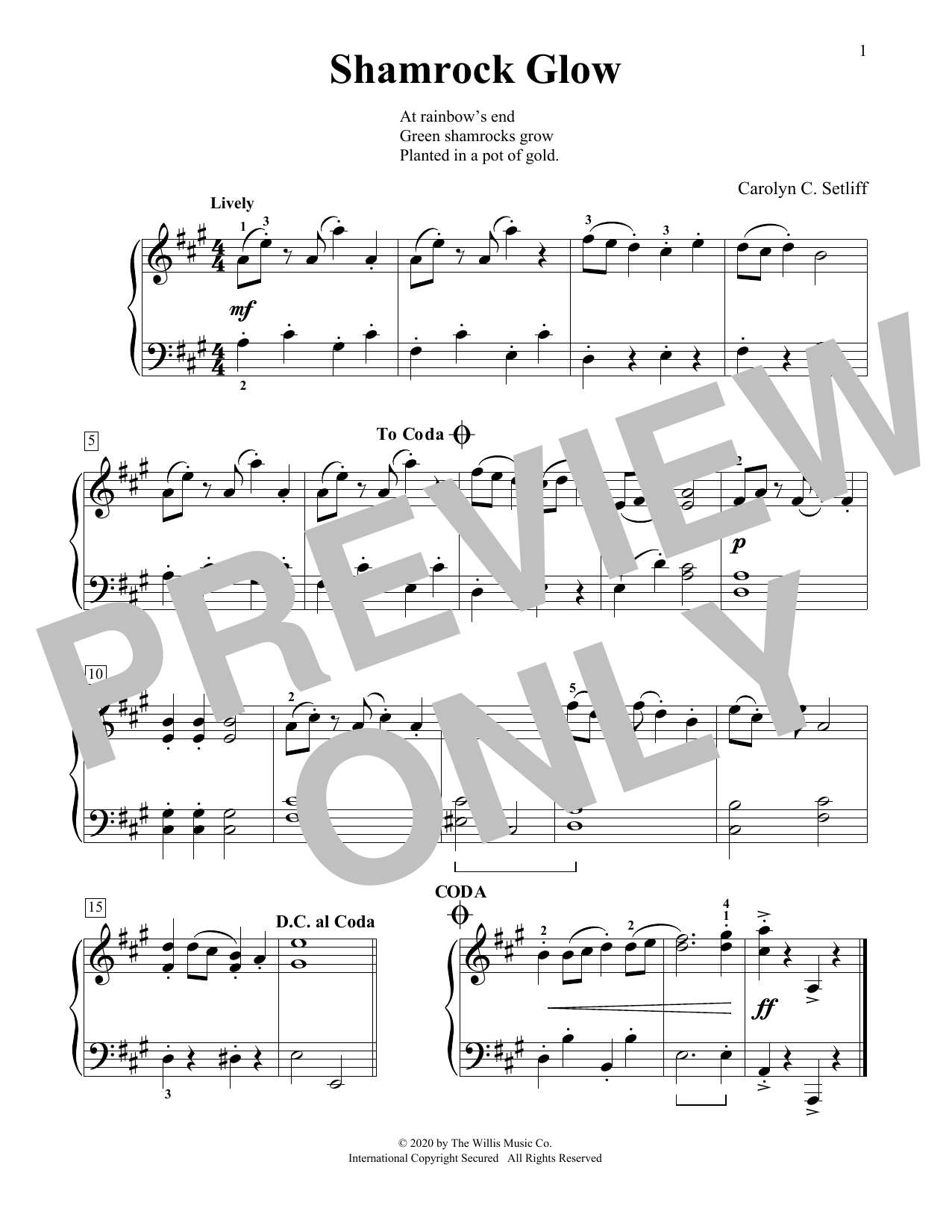 Download Carolyn C. Setliff Shamrock Glow Sheet Music and learn how to play Educational Piano PDF digital score in minutes