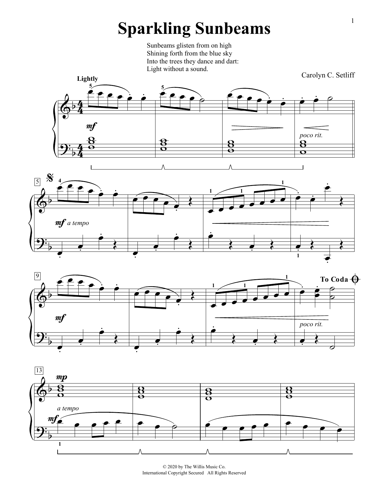 Download Carolyn C. Setliff Sparkling Sunbeams Sheet Music and learn how to play Educational Piano PDF digital score in minutes